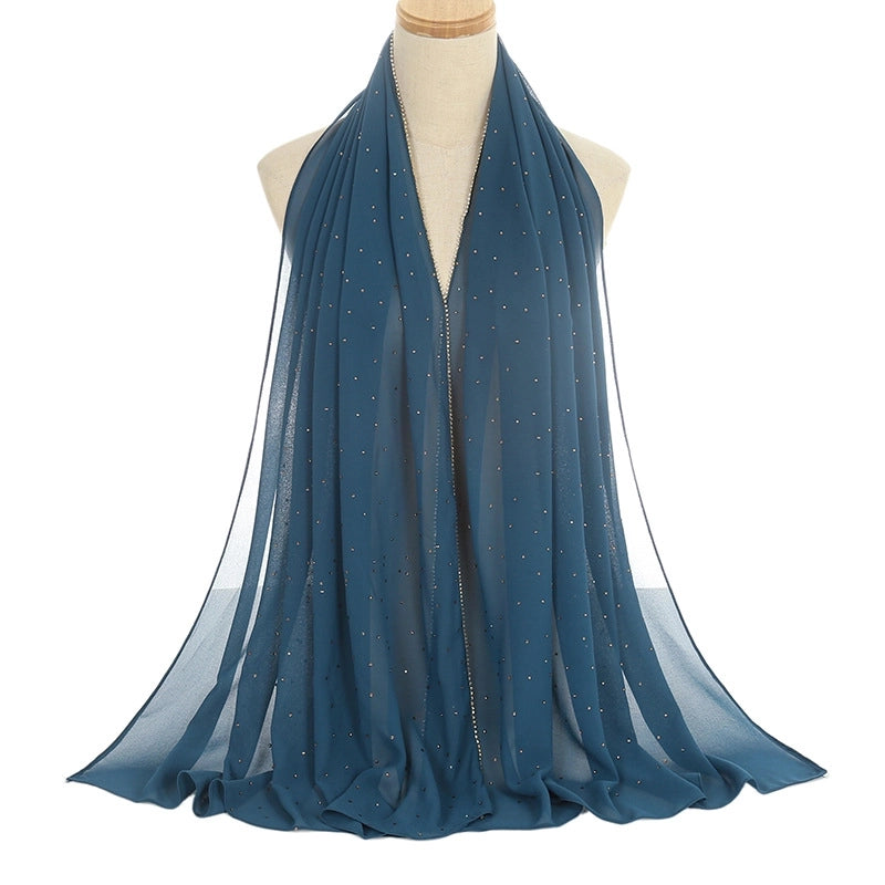 New Rhinestone Chain Pearl Chiffon Long Scarf Casual Diamond Headscarf Scarf Scarf Women's Scarf