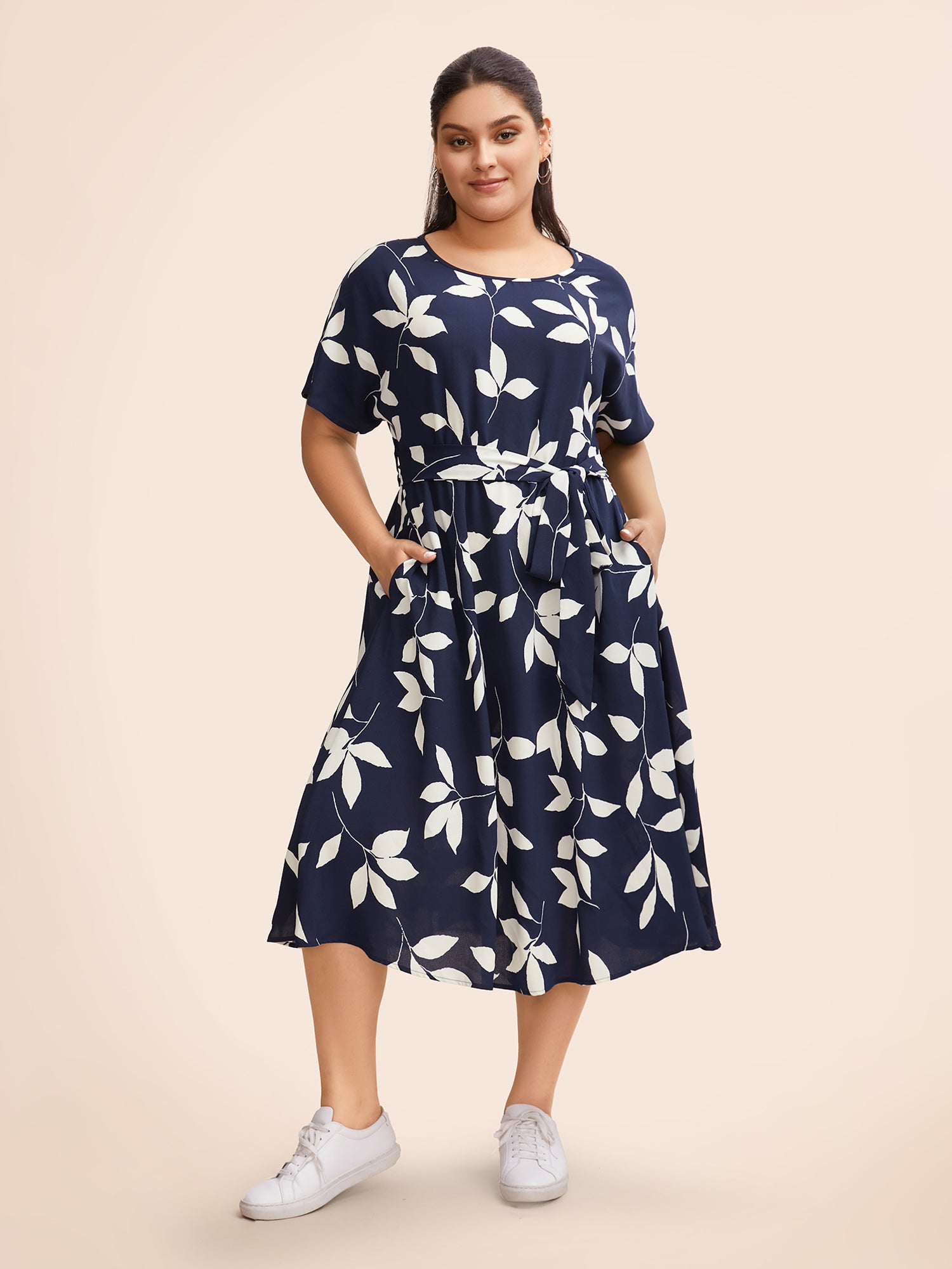 Leaf Print Pocket Belted Dress