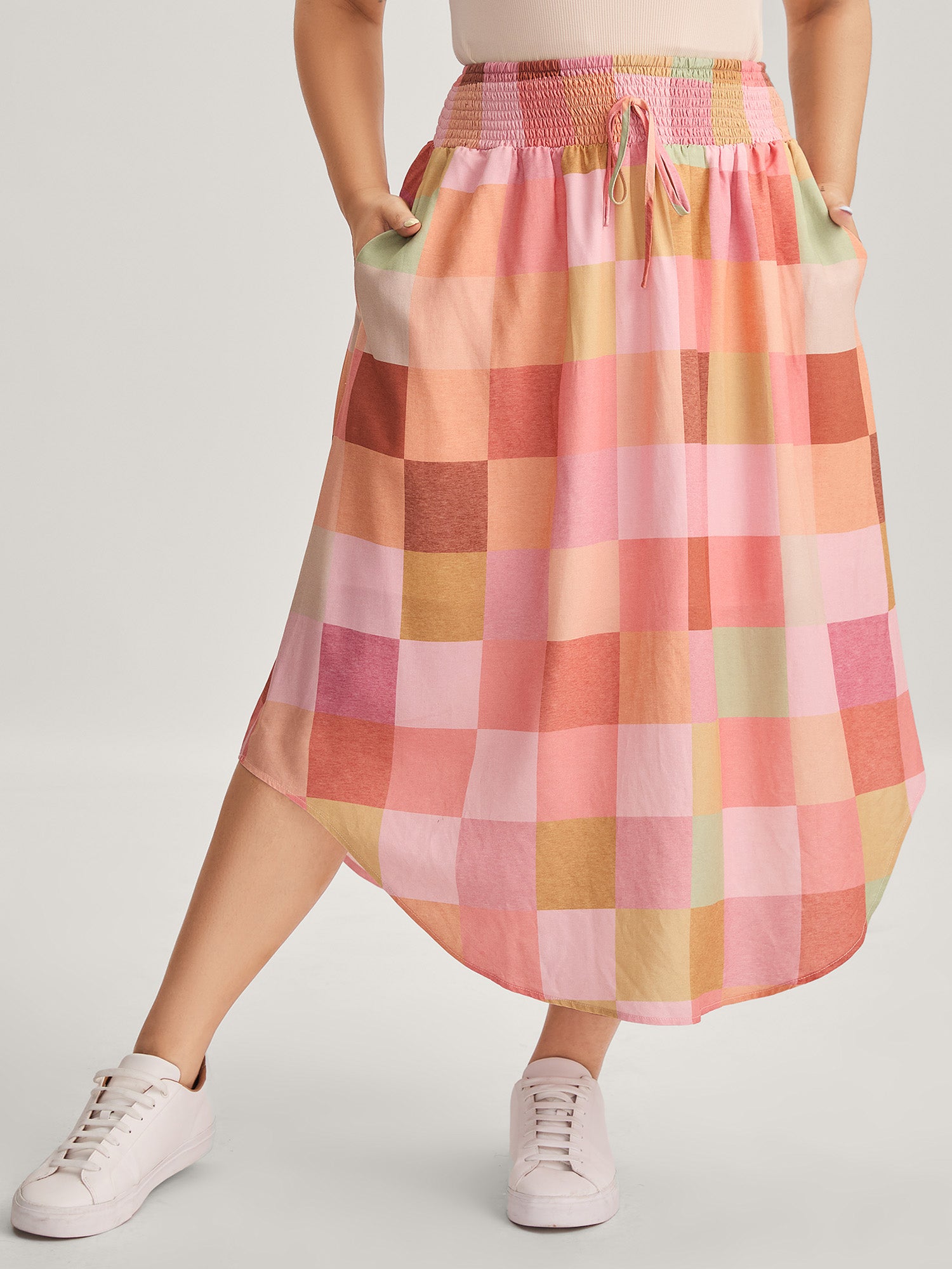 Colorful Patchwork Shirred Waist Midi Skirt