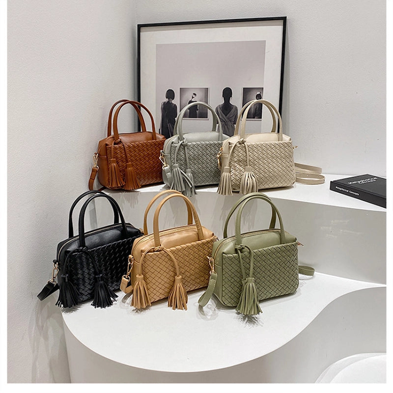 Women's Pu Leather Solid Color Basic Tassel Weave Square Zipper Handbag Crossbody Bag