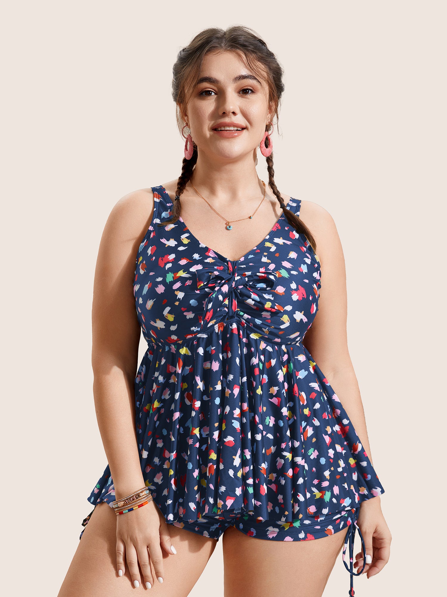 Allover Print V Neck Gathered Swim Top