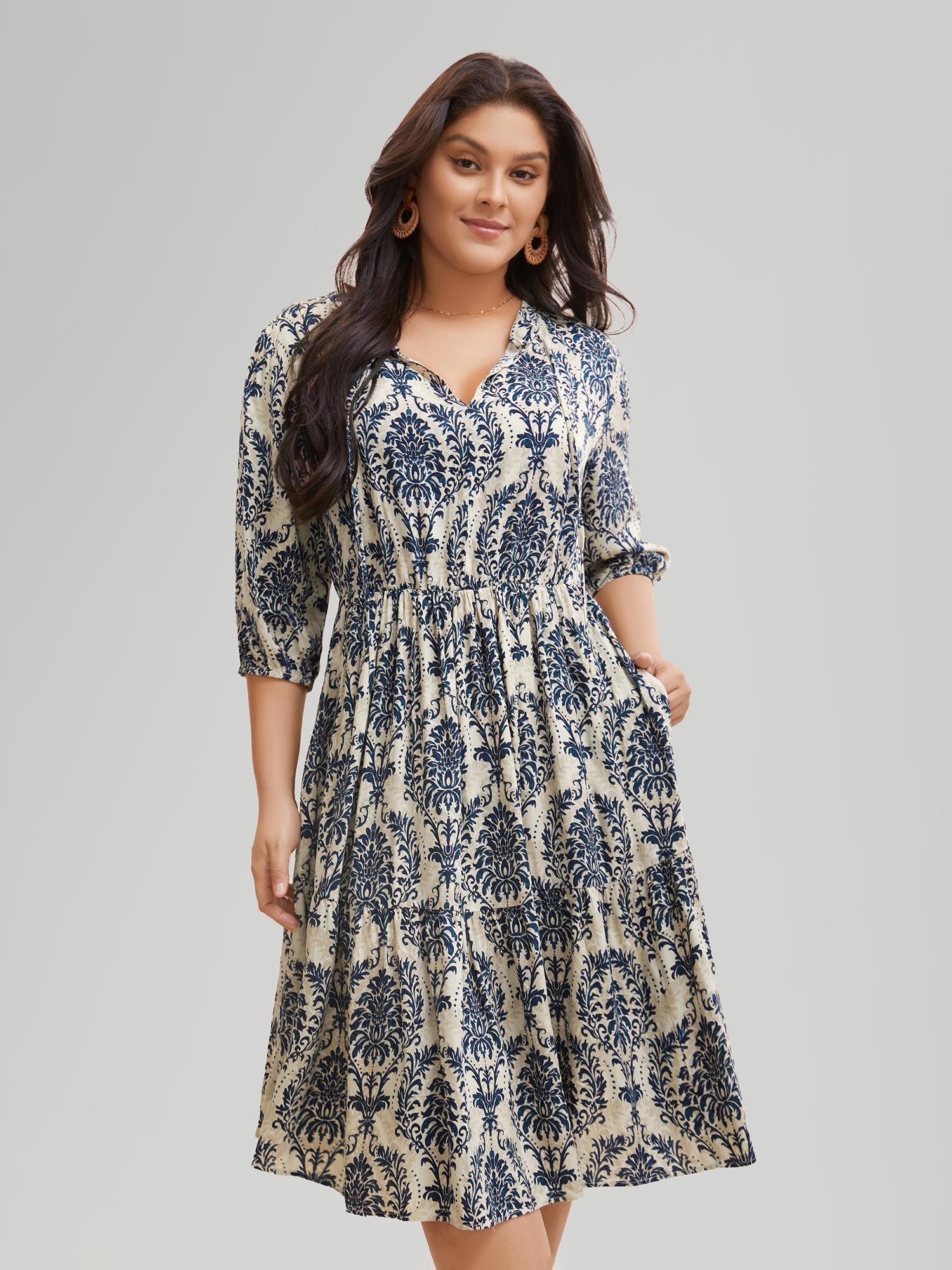 Boho Print Tie Knot Puff Sleeve Dress