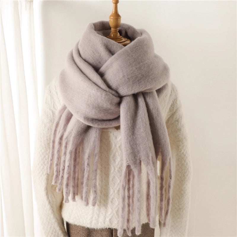 Mohair Scarf Pure Color All-matching Winter Warm Lengthened Fringe Bib Scarf Men's And Women's European And American Export Thick Scarf