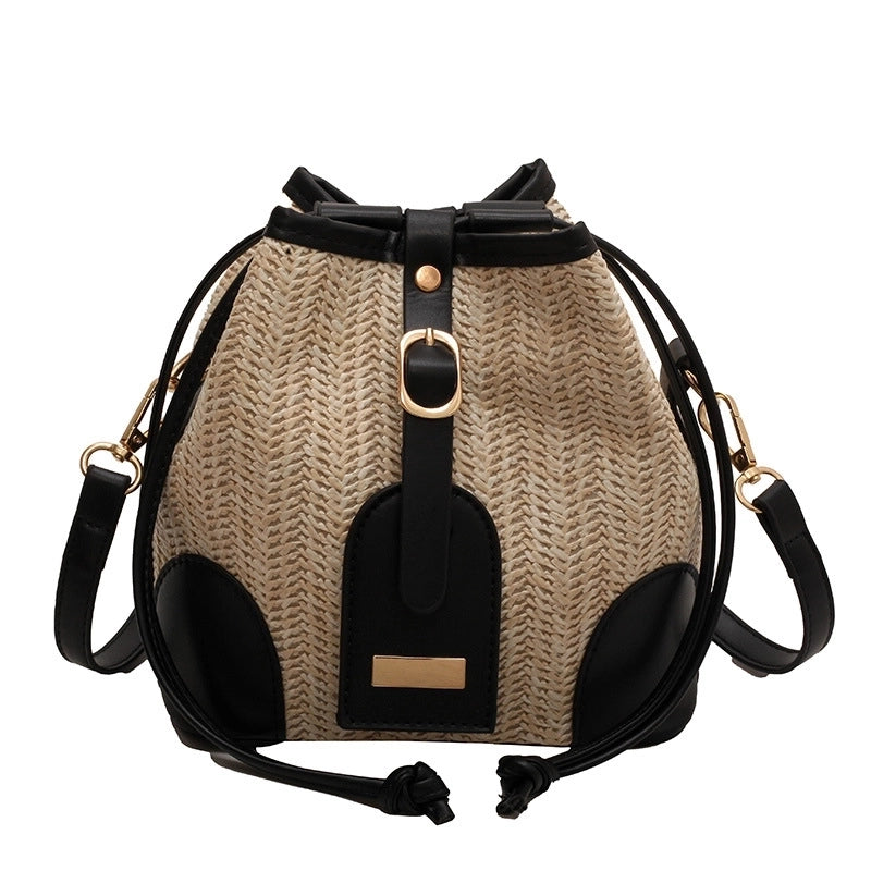 Women's Medium Pu Leather Straw Color Block Streetwear Bucket String Crossbody Bag