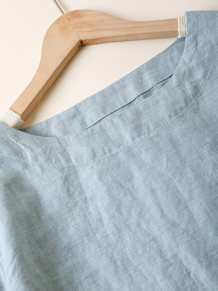 Women Summer Casual Pure Color Linen Cotton O-Neck Shirt