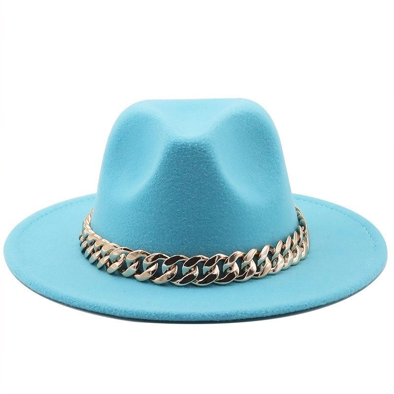 Women's British Style Solid Color Chain Flat Eaves Fedora Hat