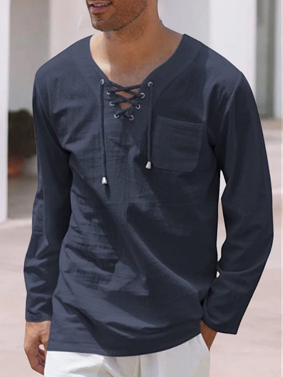 7-pack Woven Cotton And Linen Fashion Casual Lace-up V-neck Long Sleeve Shirt Top
