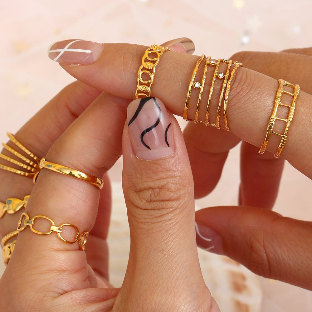 Women Fashion Stripe Geometric Stainless Steel 18K Gold Plated Rings