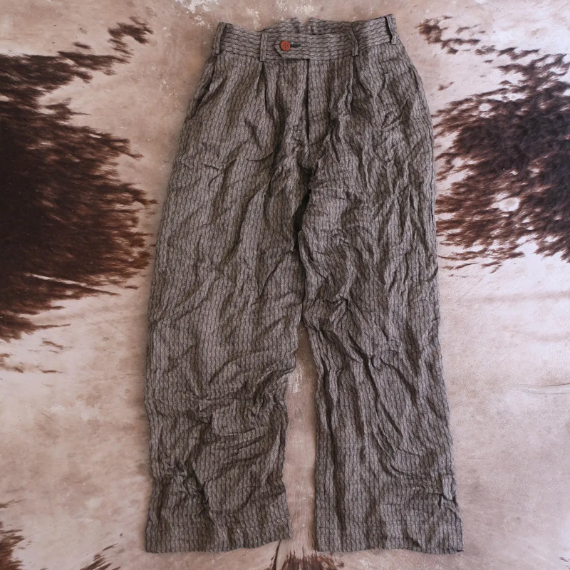 Vintage Men's Dark Herringbone Linen Blend Basic Trousers