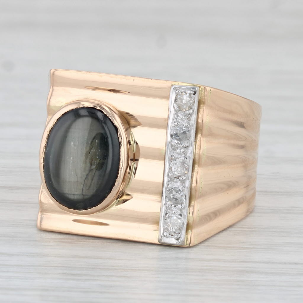 Vintage Black Star Sapphire Diamond Ring 18k Rose Gold Size 10.75 Men's