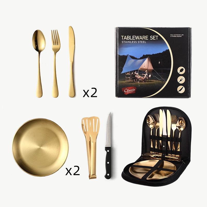 Outdoor Travel Stainless Steel Tableware Camping Picnic Barbecue Plate Clip Steak Knife. Fork And Spoon Suit Portable Storage Bag