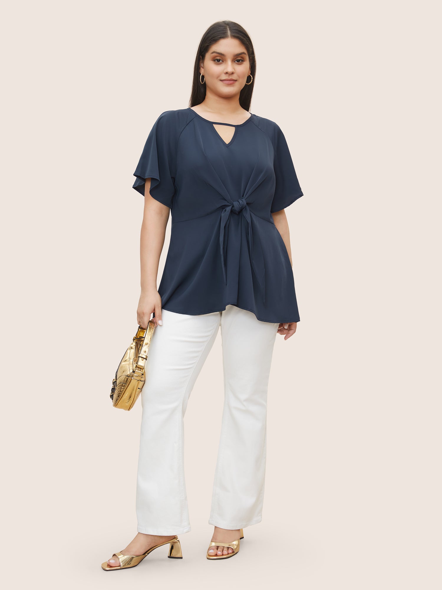Plain Keyhole Knotted Front Ruffle Sleeve Blouse