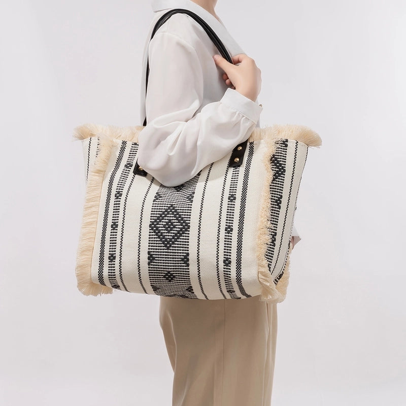 Women's Large Canvas Geometric Classic Style Square Zipper Tote Bag