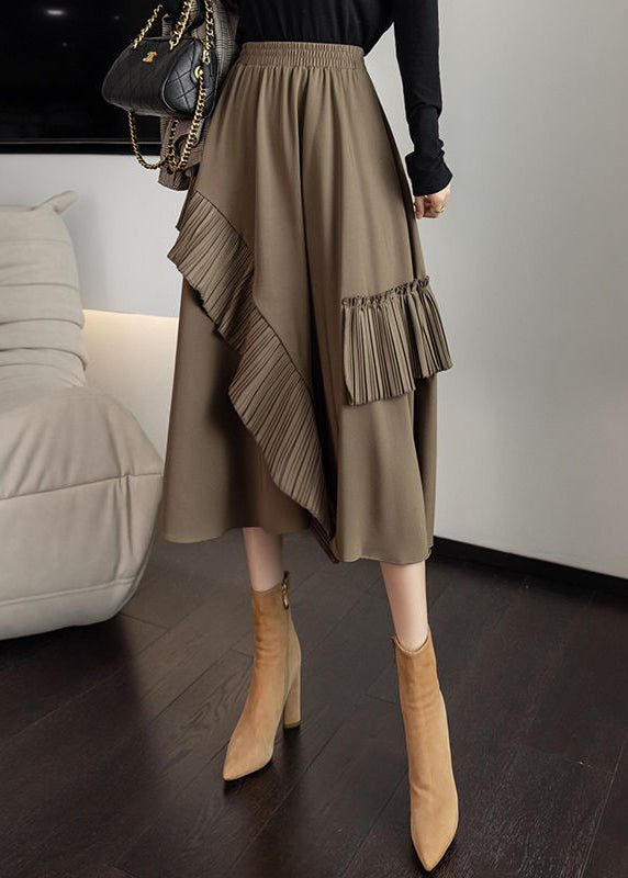 Plus Size Khaki Asymmetrical Tassel Elastic Waist Silk A Line Skirts Fall