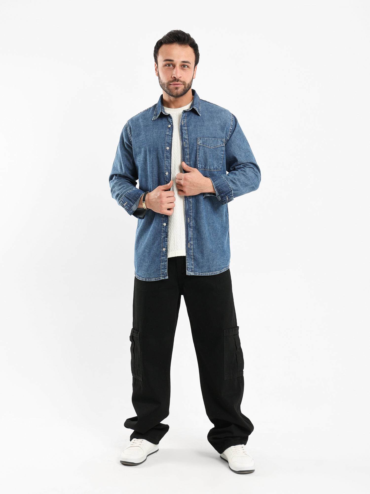 Rigid Denim Cropped Jeans with Patch Detailing