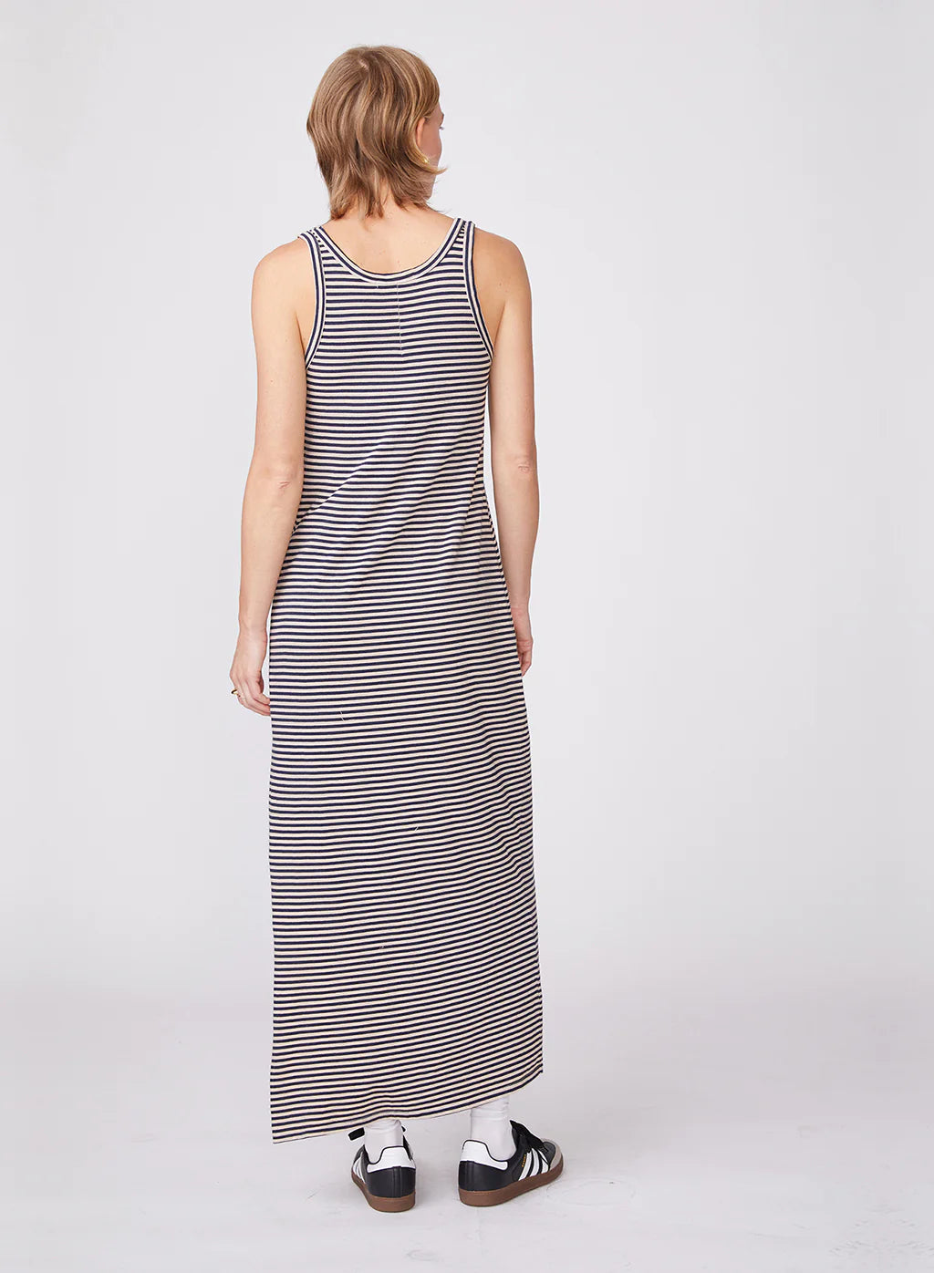 Mini Navy and Wheat Stripe Jersey Tank Dress with Side Slit