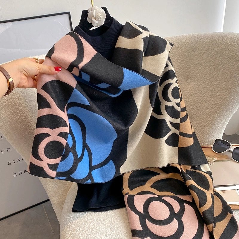 Color Matching Camellia Elegant Cashmere Scarf For Women Double-sided Thickened Autumn And Winter Warm Air Conditioning Shawl
