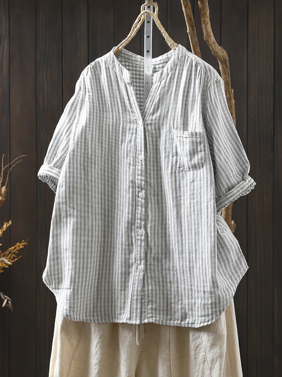 Women Summer Casual Stripe V-Neck 100%Cotton Shirt
