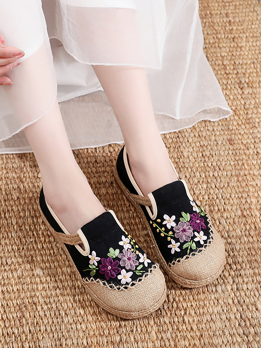 Women Summer Ethnic Ribbon Flower Cloth Flat Shoes