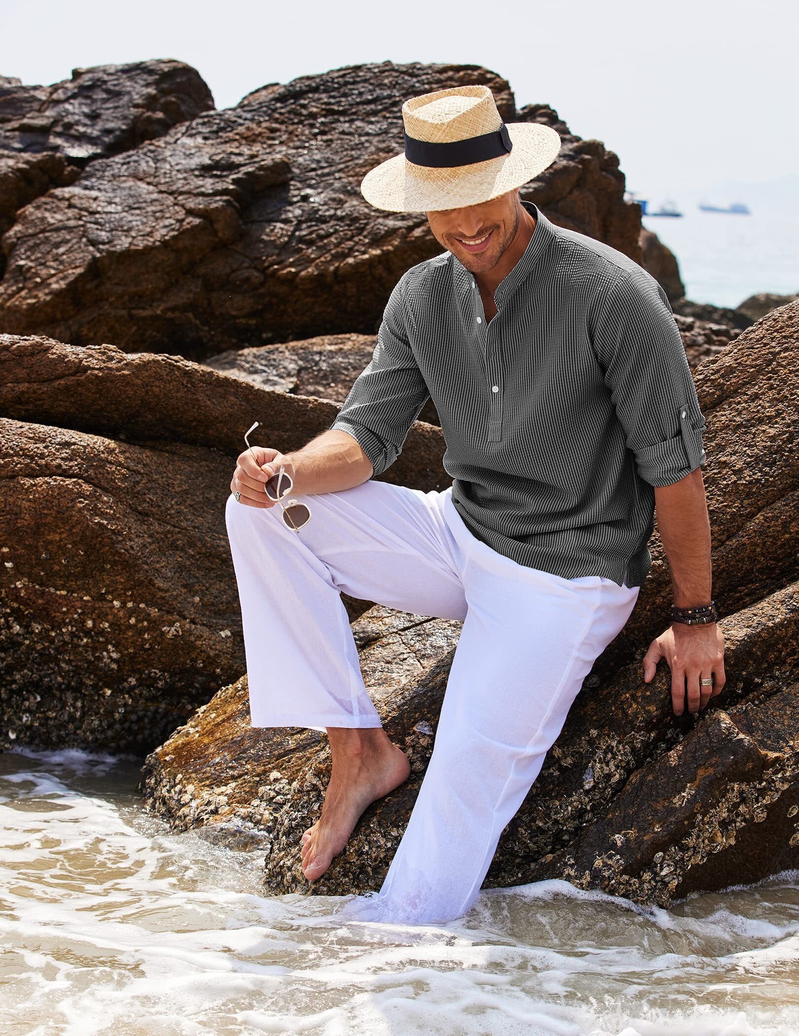8-Pack Men's Linen Henley Shirt Long Sleeve Casual Hippie Cotton Beach T Shirts Vertical Striped Hawaiian Shirts