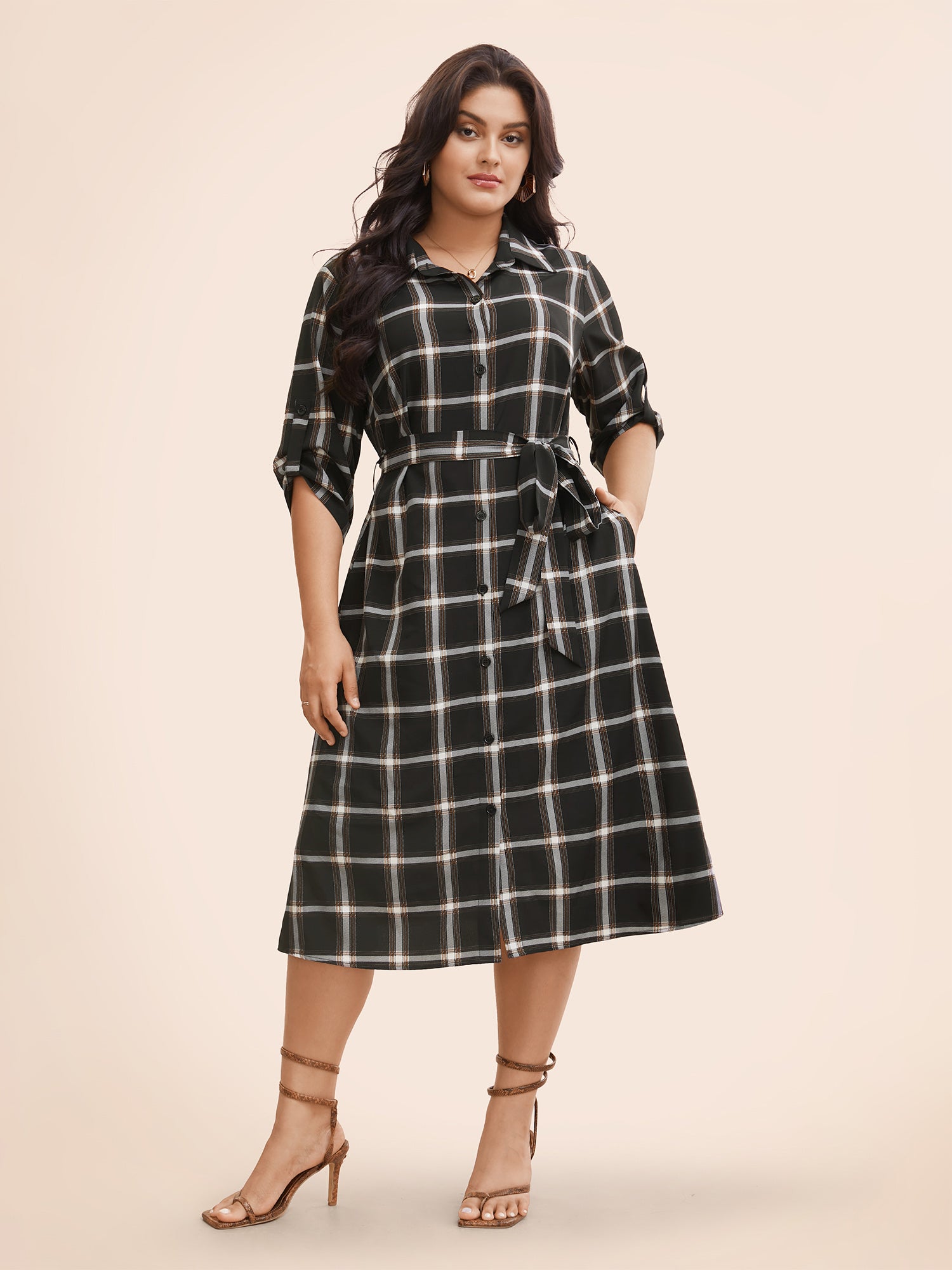 Plaid Shirt Collar Belted Tab Sleeve Dress