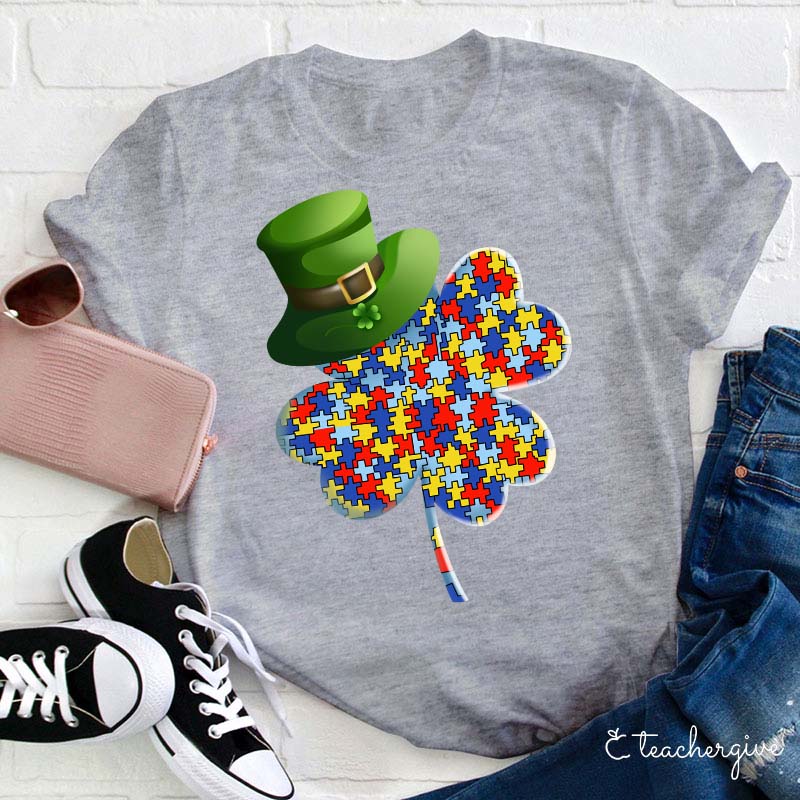 Puzzle Clover Wearing Leprechaun Hat Teacher T-Shirt