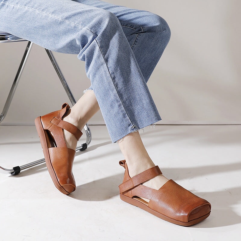 Leather Sandals Square Toe Touch-strap in Brown/Beige/Black