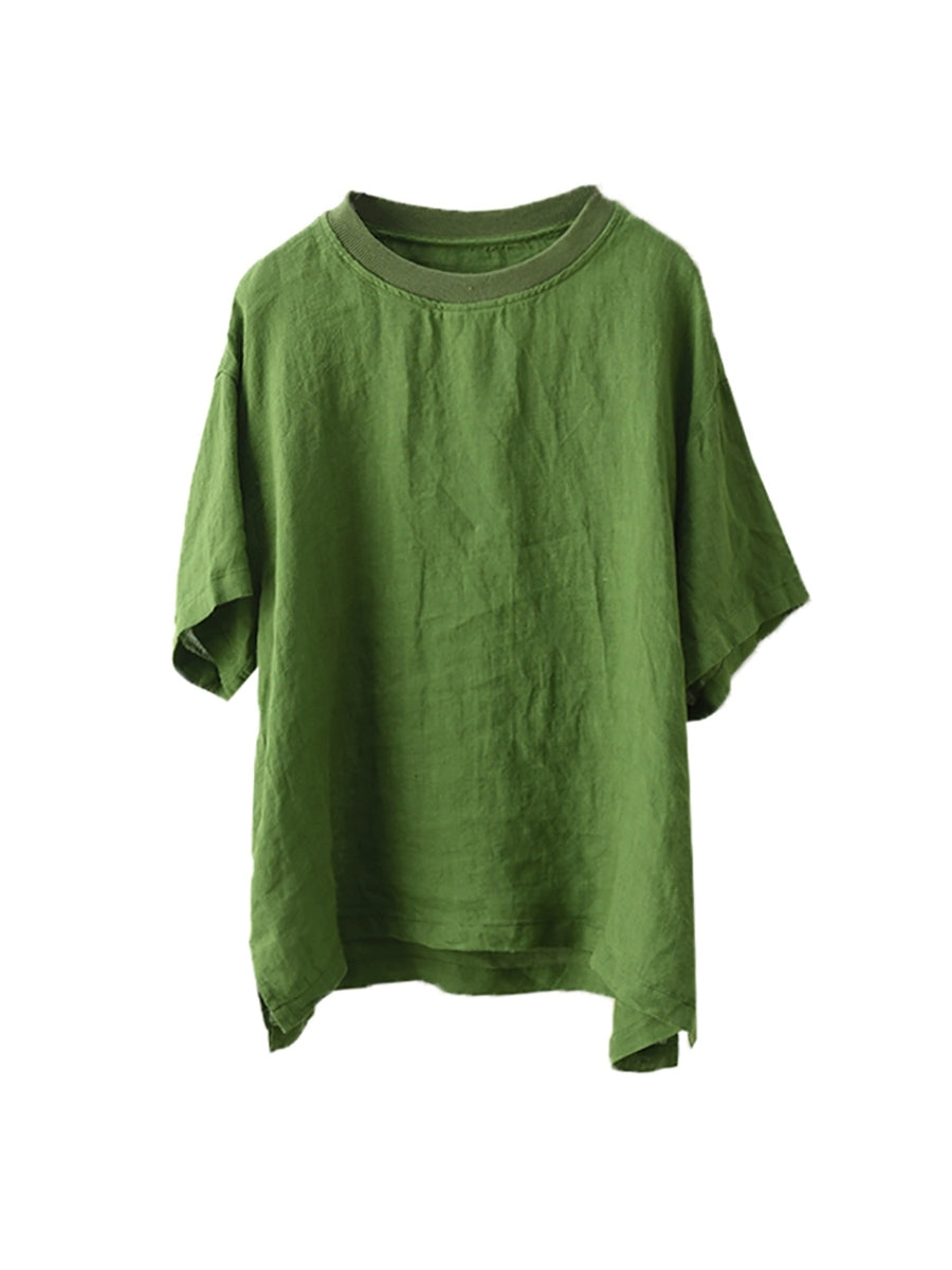 Women Casual Summer O-Neck Pure Color 100%Linen Shirt