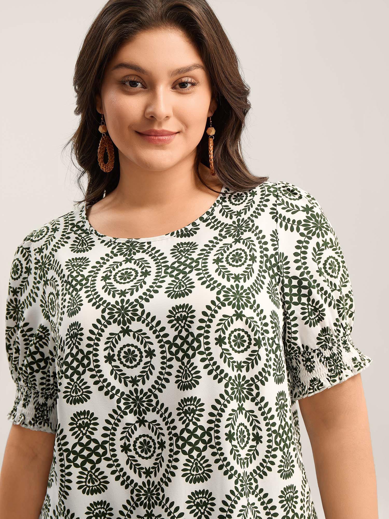 Ornate Print Shirred Blouse