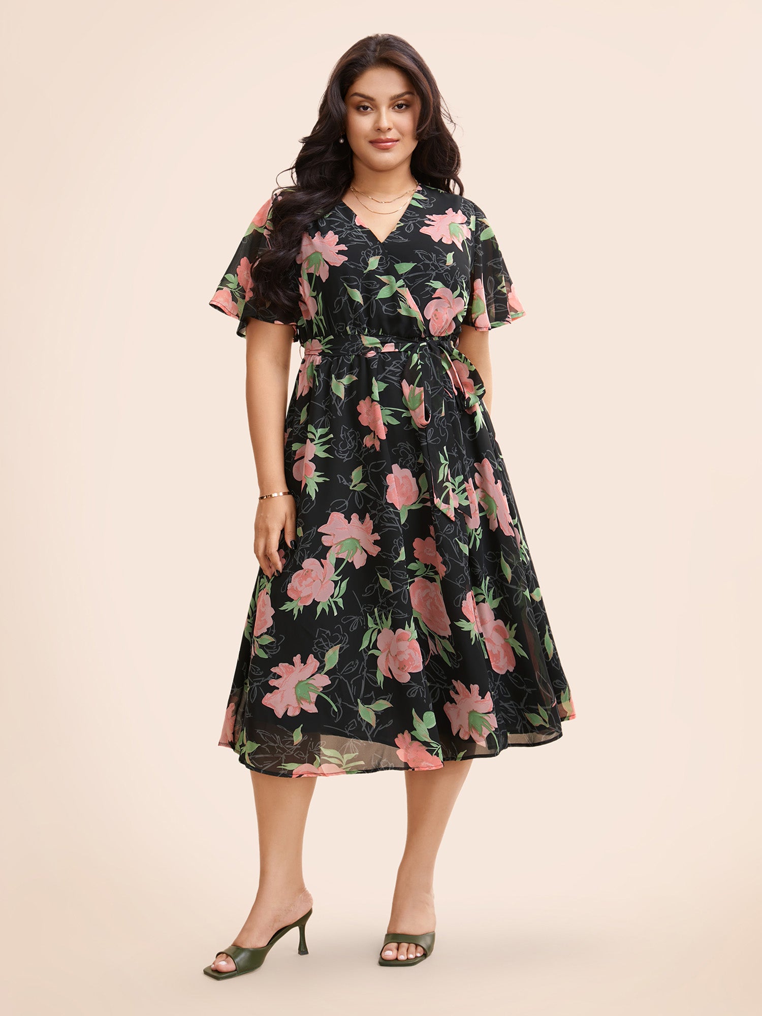 Overlap Collar Floral Split Hem Dress