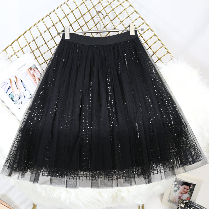 Diy Black Sequins Hollow Out tulle Pleated Skirt Summer