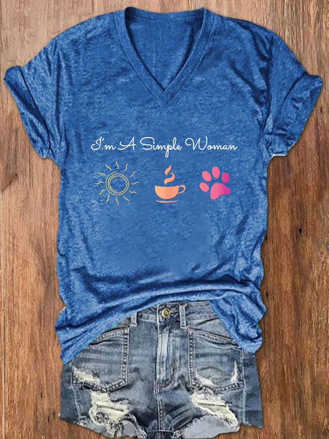 Women's I'm A Simple Woman Sunshine Coffee Paw Dog V-Neck T-Shirt