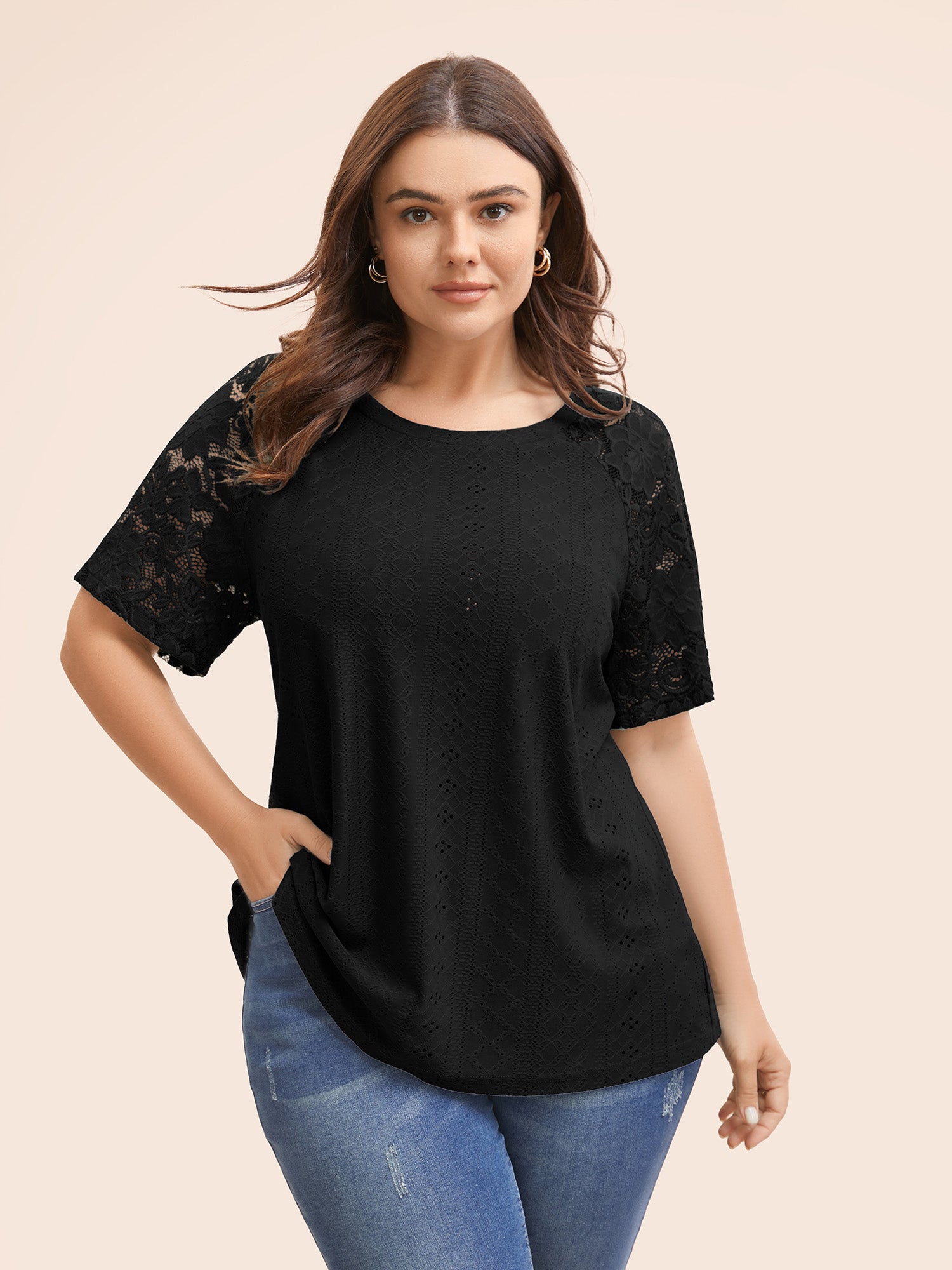 Solid Broderie Anglaise Lace Raglan Sleeve T-shirt