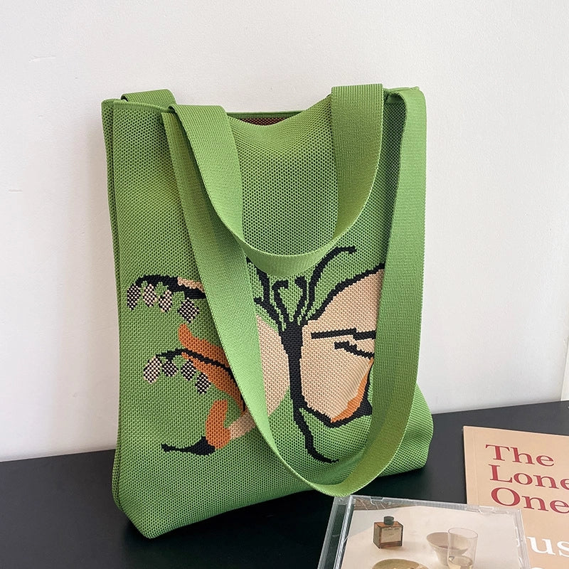 Women's Medium Knit Butterfly Classic Style Square Open Tote Bag