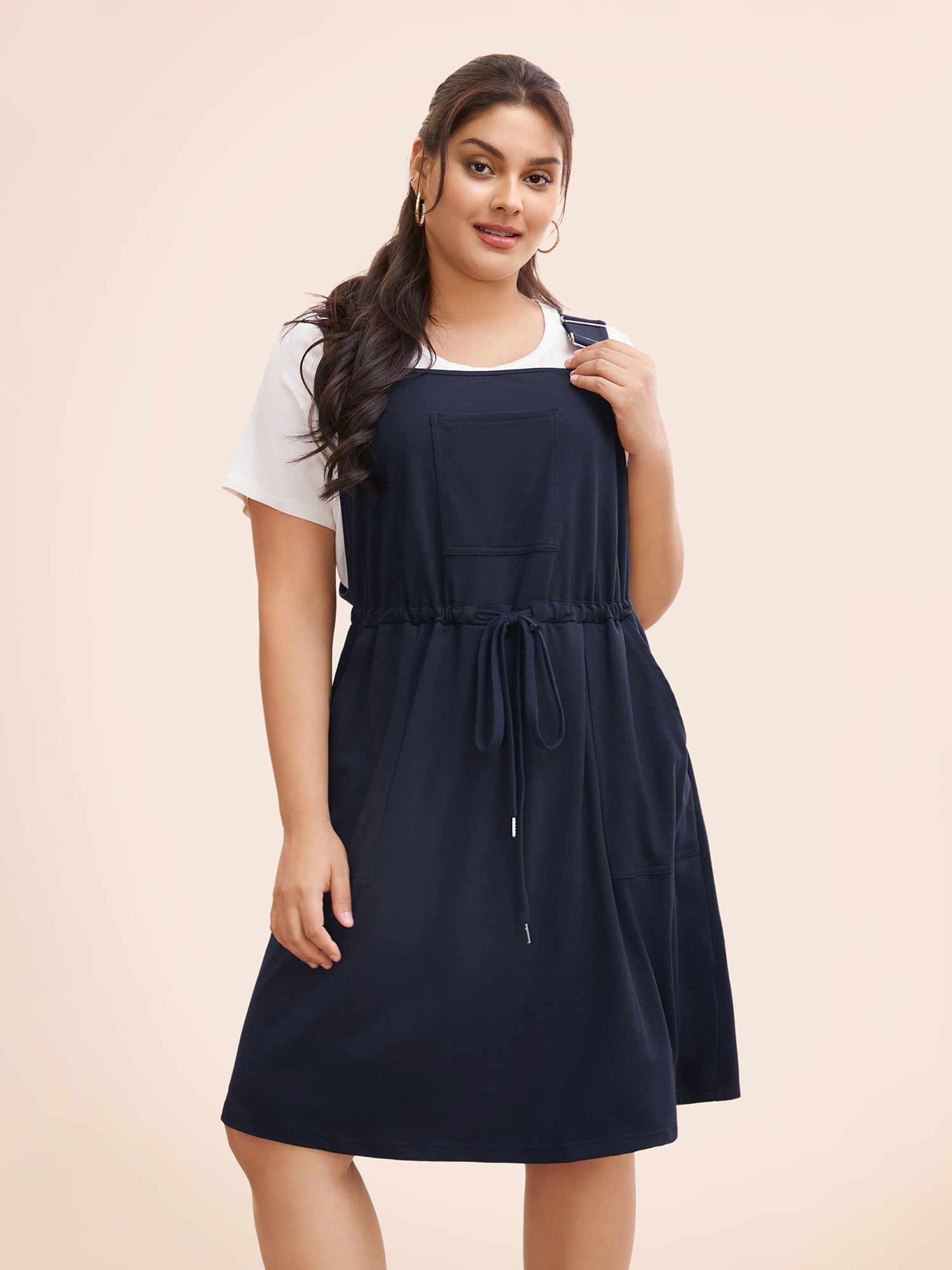 Plain Pocket Drawstring Overall Dress