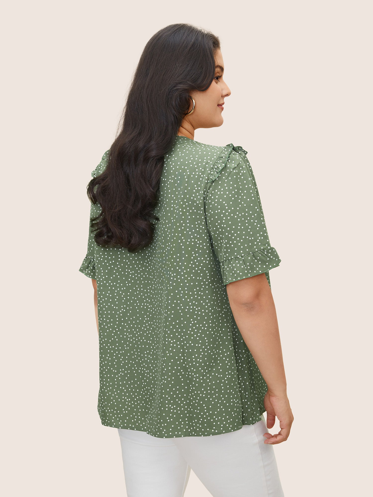 Polka Dot V Neck Ruffle Trim Blouse