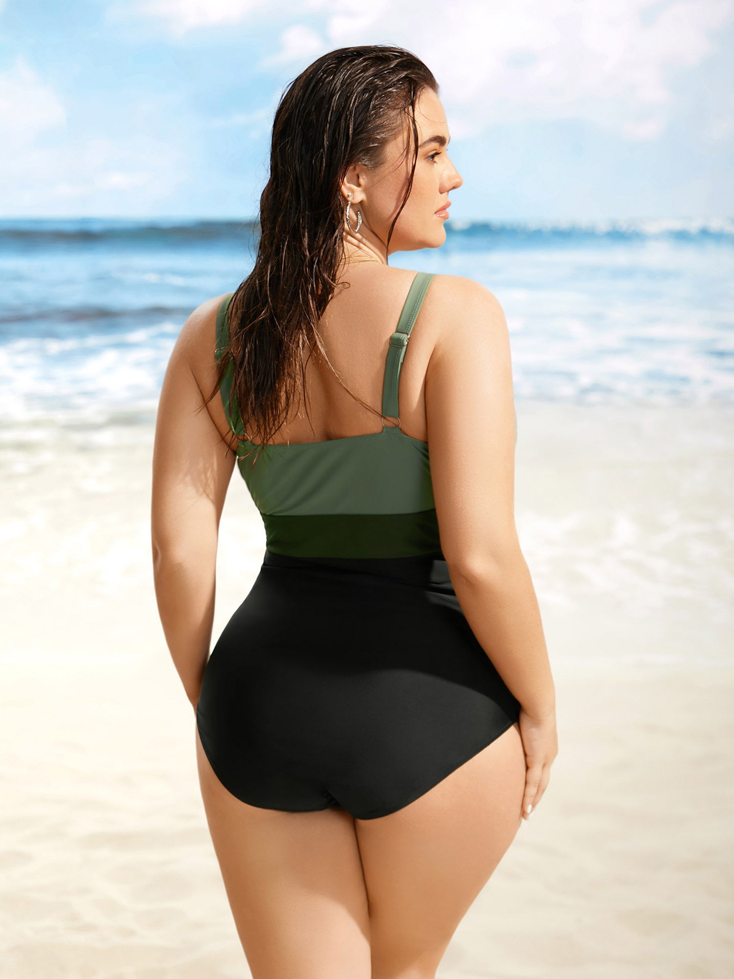 Contrast Patchwork Ruffle Trim Gathered One Piece Swimsuit