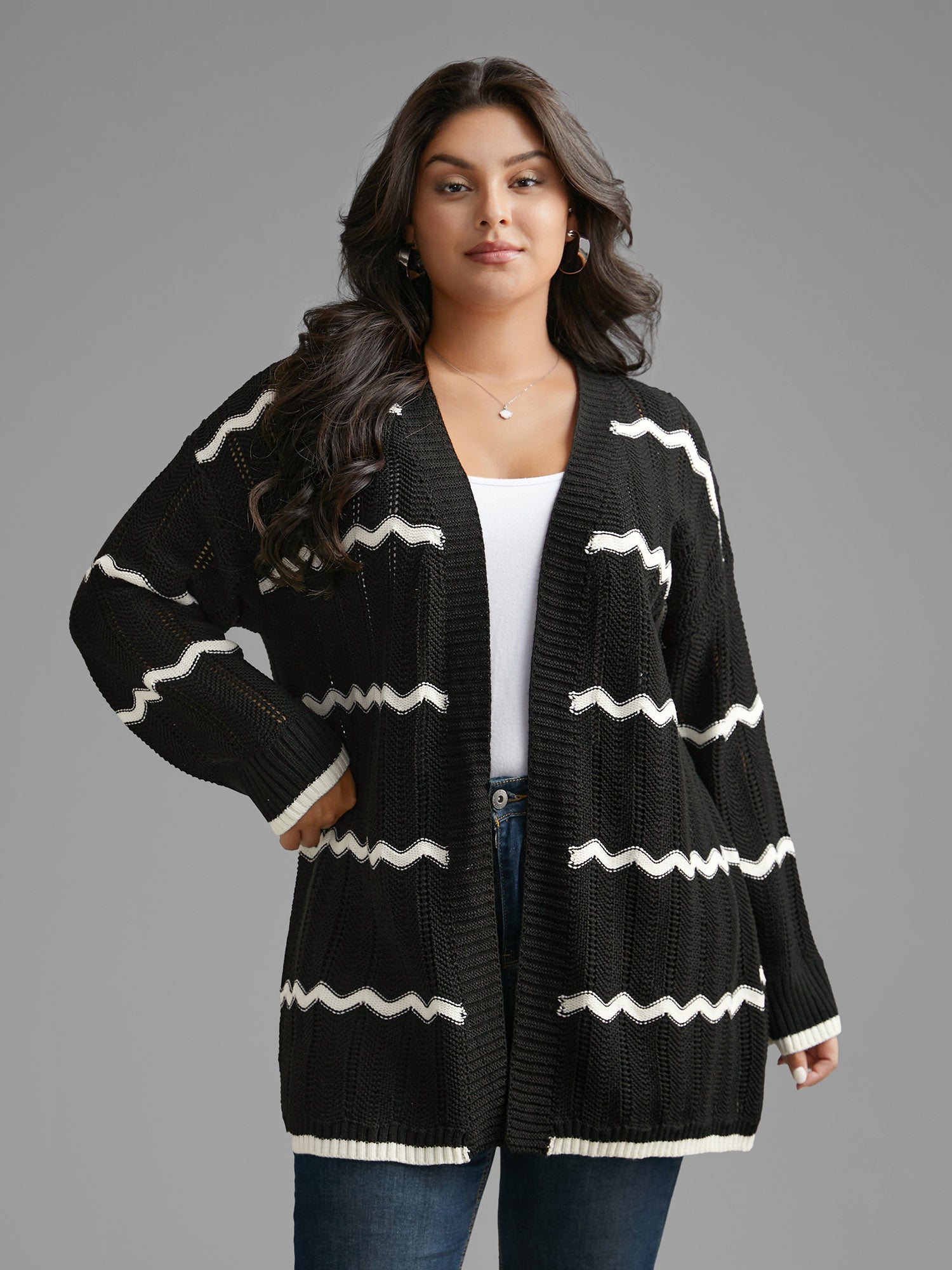 Striped Textured Pointelle Knit Cardigan