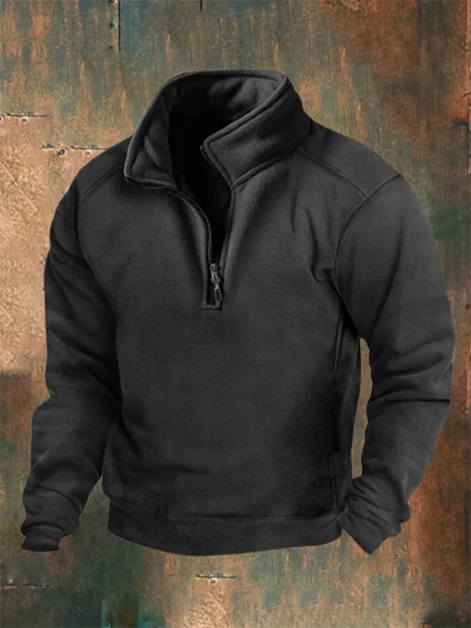 Western Style Stand Collar Zipper Solid Color Men's Sweatshirt