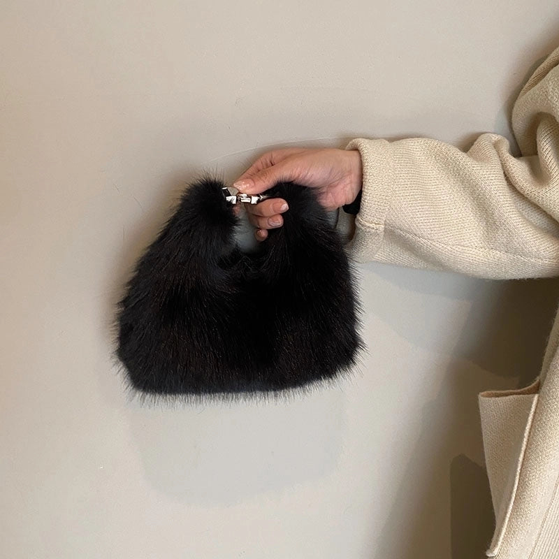 Women's Plush Solid Color Cute Classic Style Sewing Thread Pillow Shape Zipper Square Bag