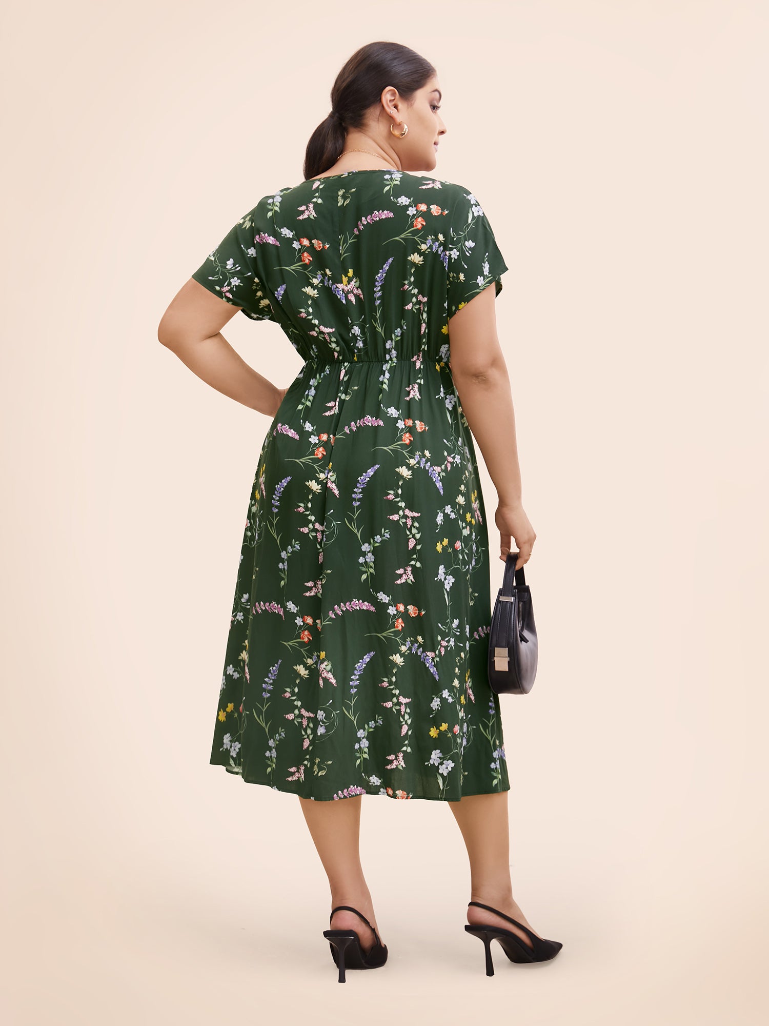 Floral V Neck Dolman Sleeve Midi Dress