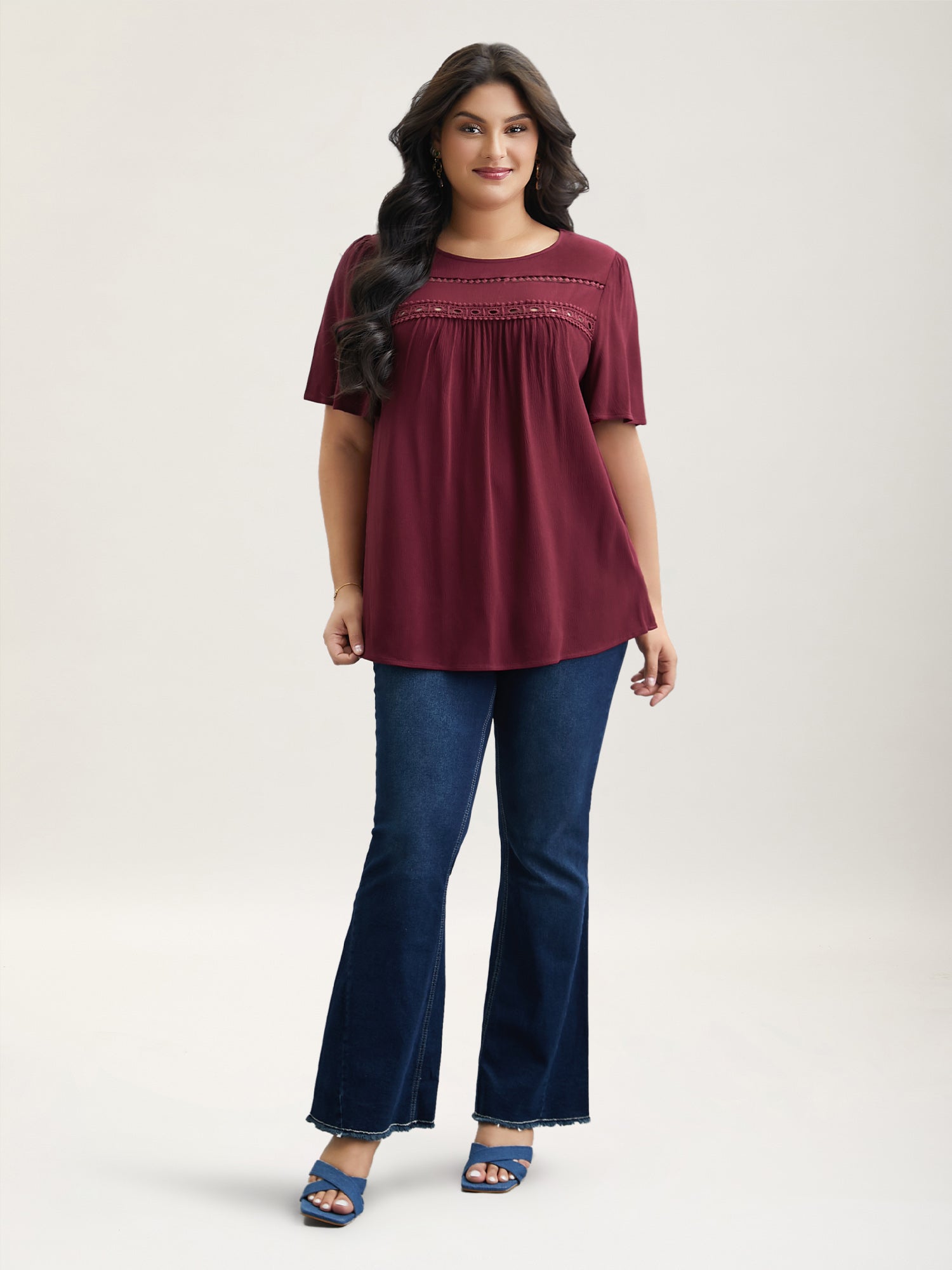 Lace Cut-Out Round Neck Pleated Shirt