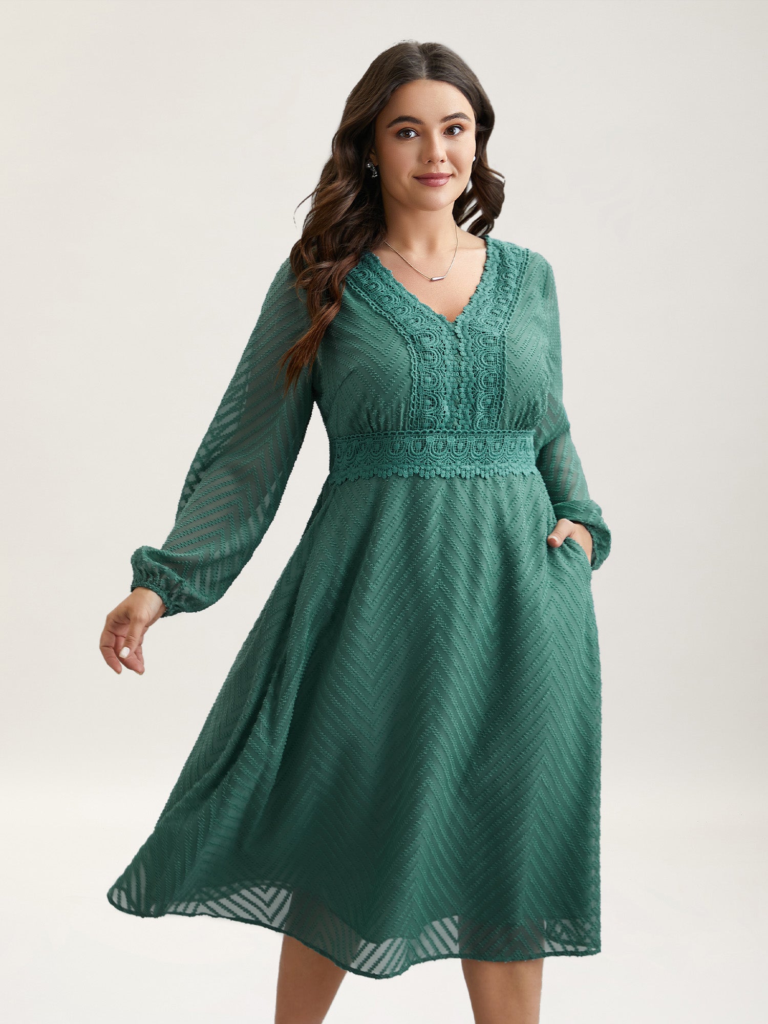 Sheer Textured Lace Detail Pockets Midi Dress