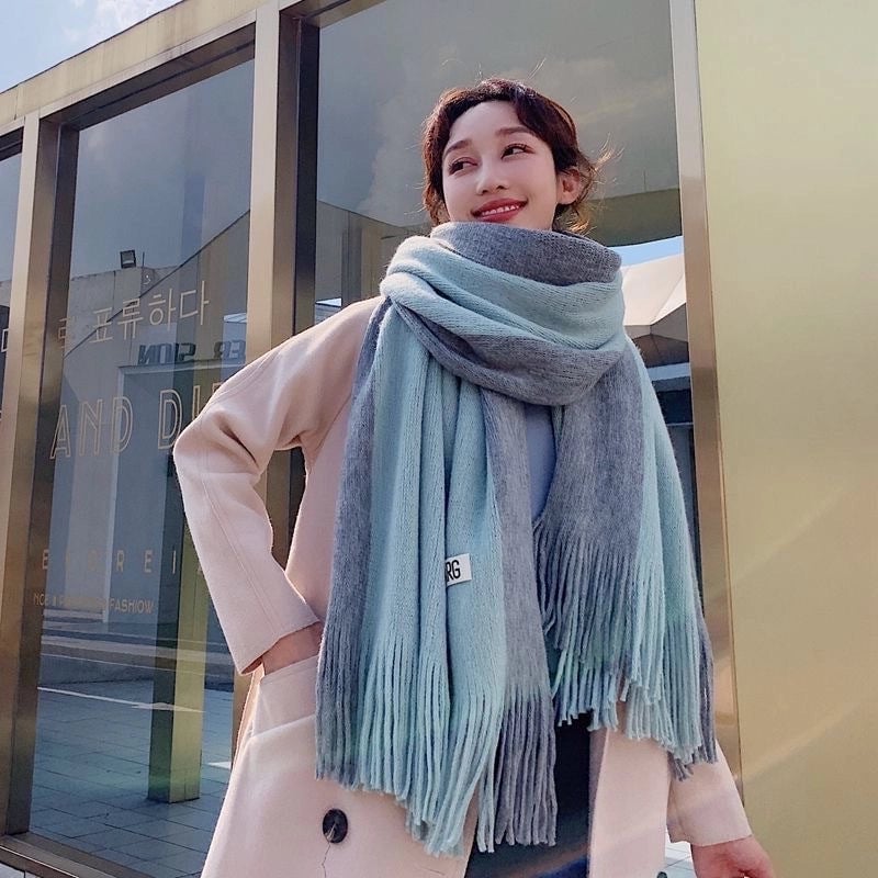 New Contrast Color Fashion Imitation Cashmere Scarf Women's Long Warm Student Scarf Tassel Couple's Shawl
