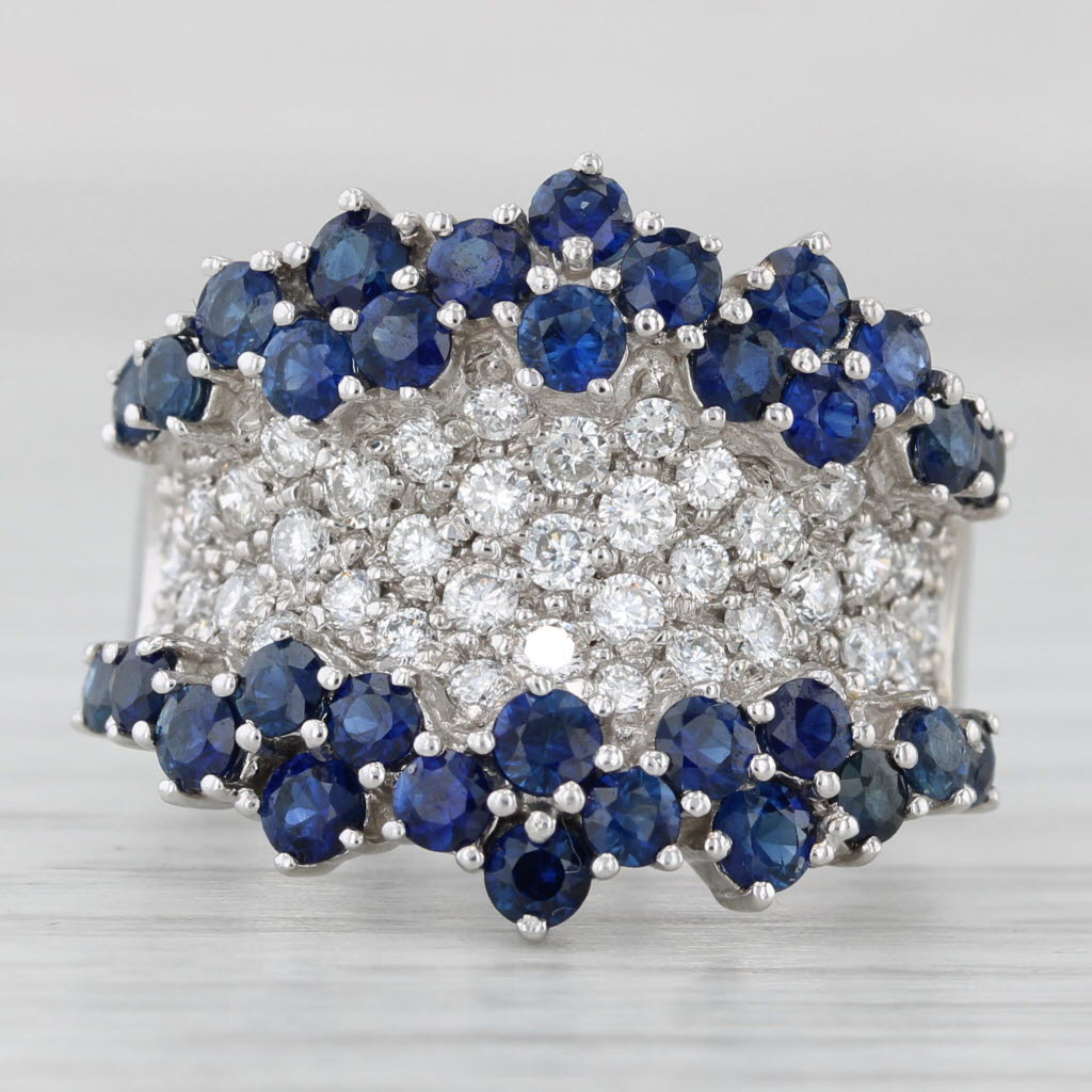 2.99ctw Blue Sapphire Diamond Cluster Cocktail Ring 14k White Gold Size 6