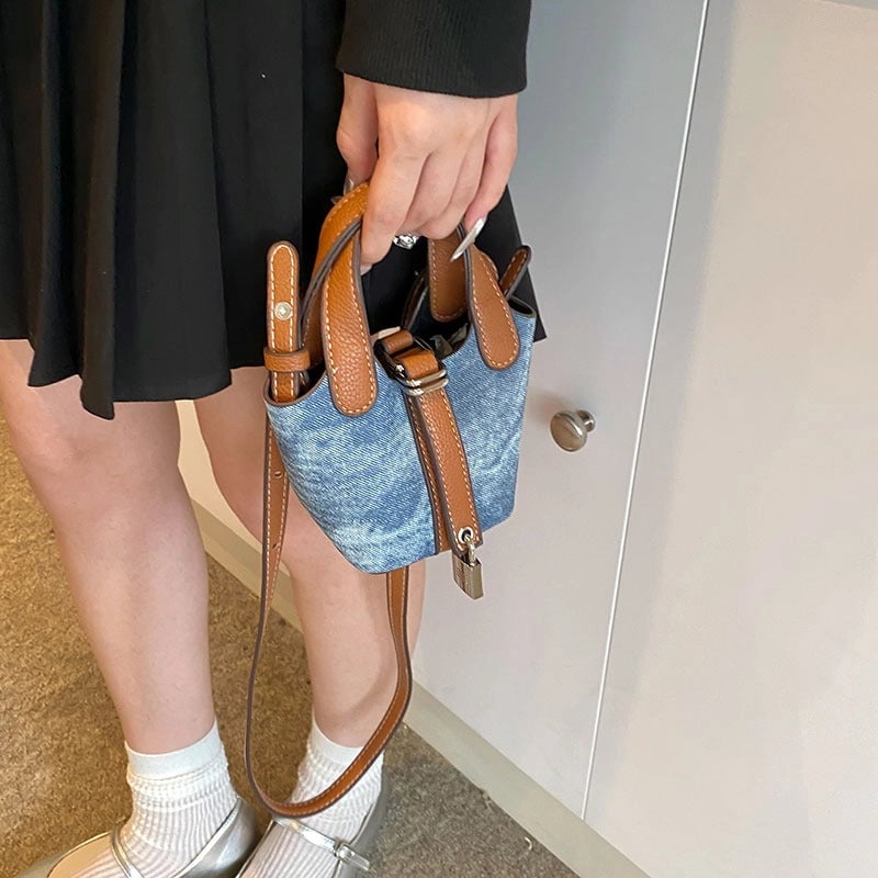 Girl'S Pu Leather Color Block Streetwear Bucket Lock Clasp Shoulder Bag Handbag Crossbody Bag