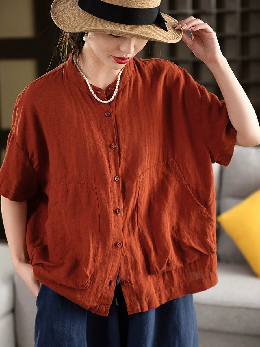 Women Summer Pure Color Stand Collar 100%Linen Shirt