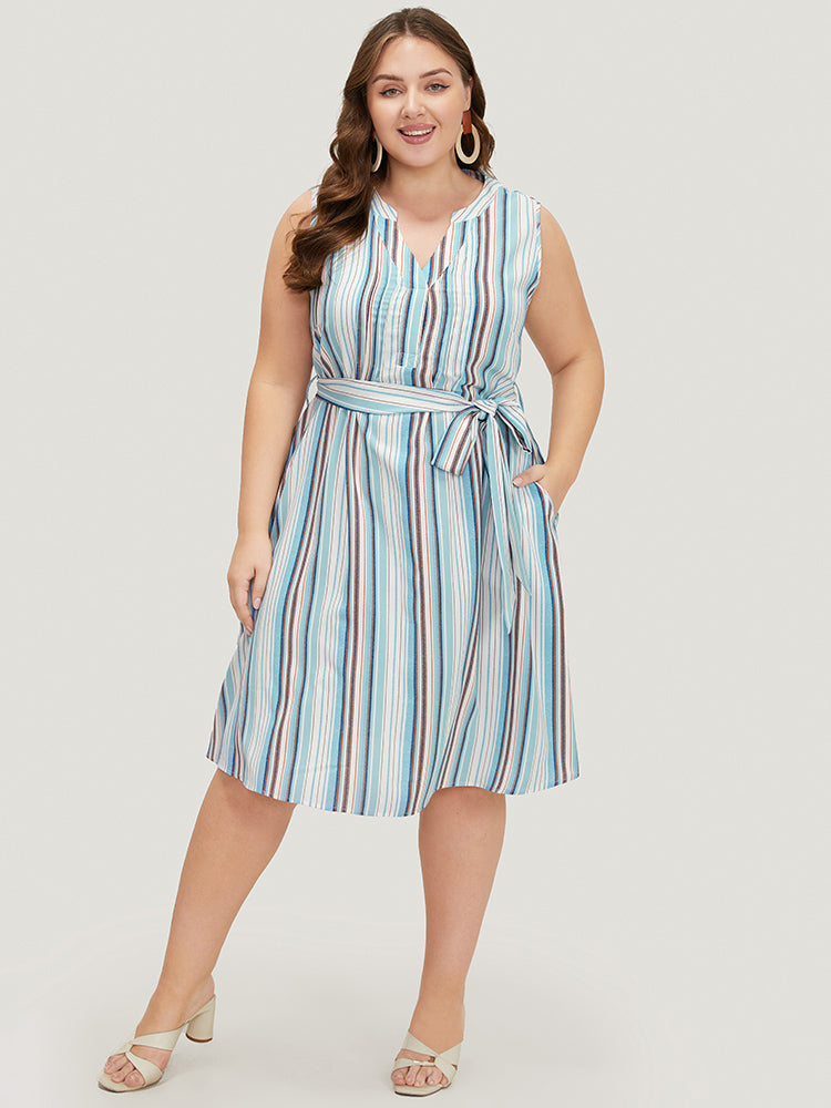 Striped Contrast Belted Pocket Notched Tank Dress