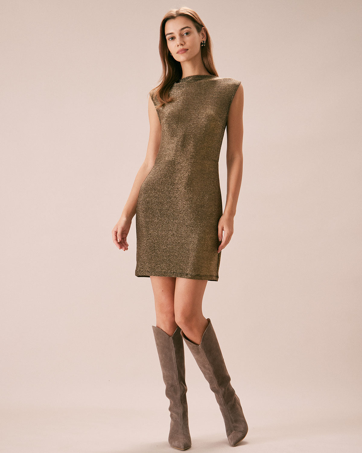 The Gold Mock Neck Lurex Mini Dress