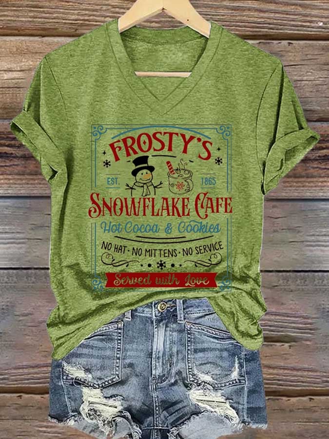 Women's Frosty Snowflake Cafe Hot Cocoa And Cookies Christmas Print T-Shirt